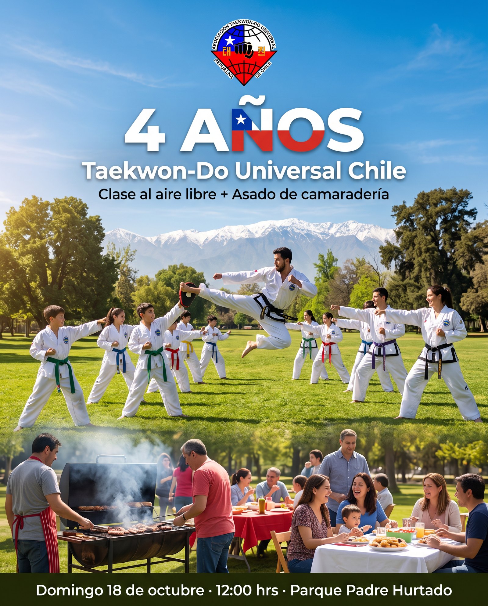 Afiche 4 años Taekwon-Do Universal Chile: clase al aire libre y asado de camaradería, domingo 18 de octubre, 12:00 hrs, Parque Padre Hurtado